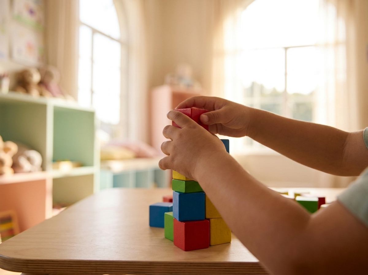 A child's hands building with colorful wooden blocks in a sunny classroom