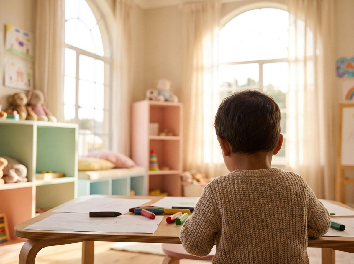 A child coloring with crayons at a sunny classroom table