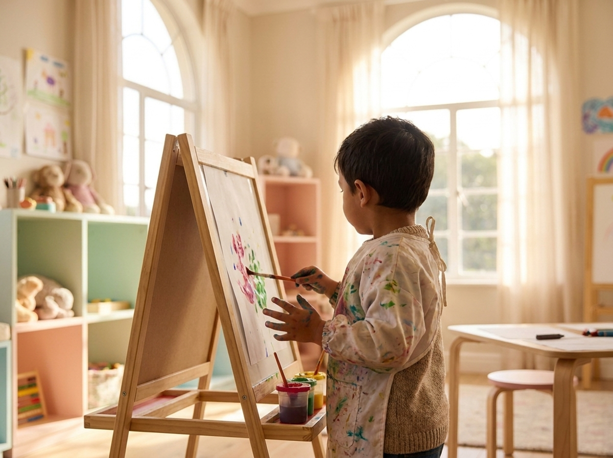 A child painting at a small easel