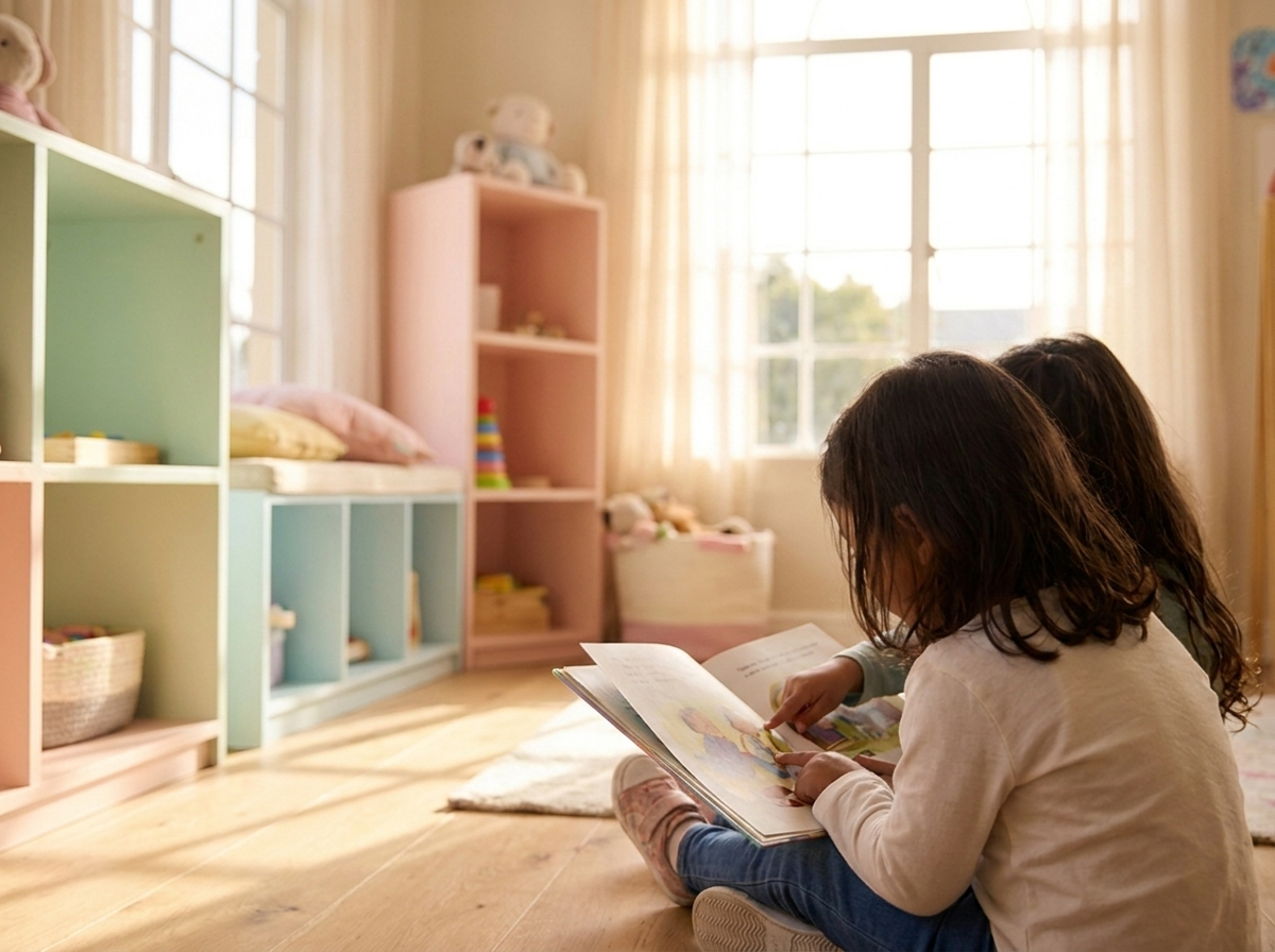 Two children looking at a picture book together by a sunny window