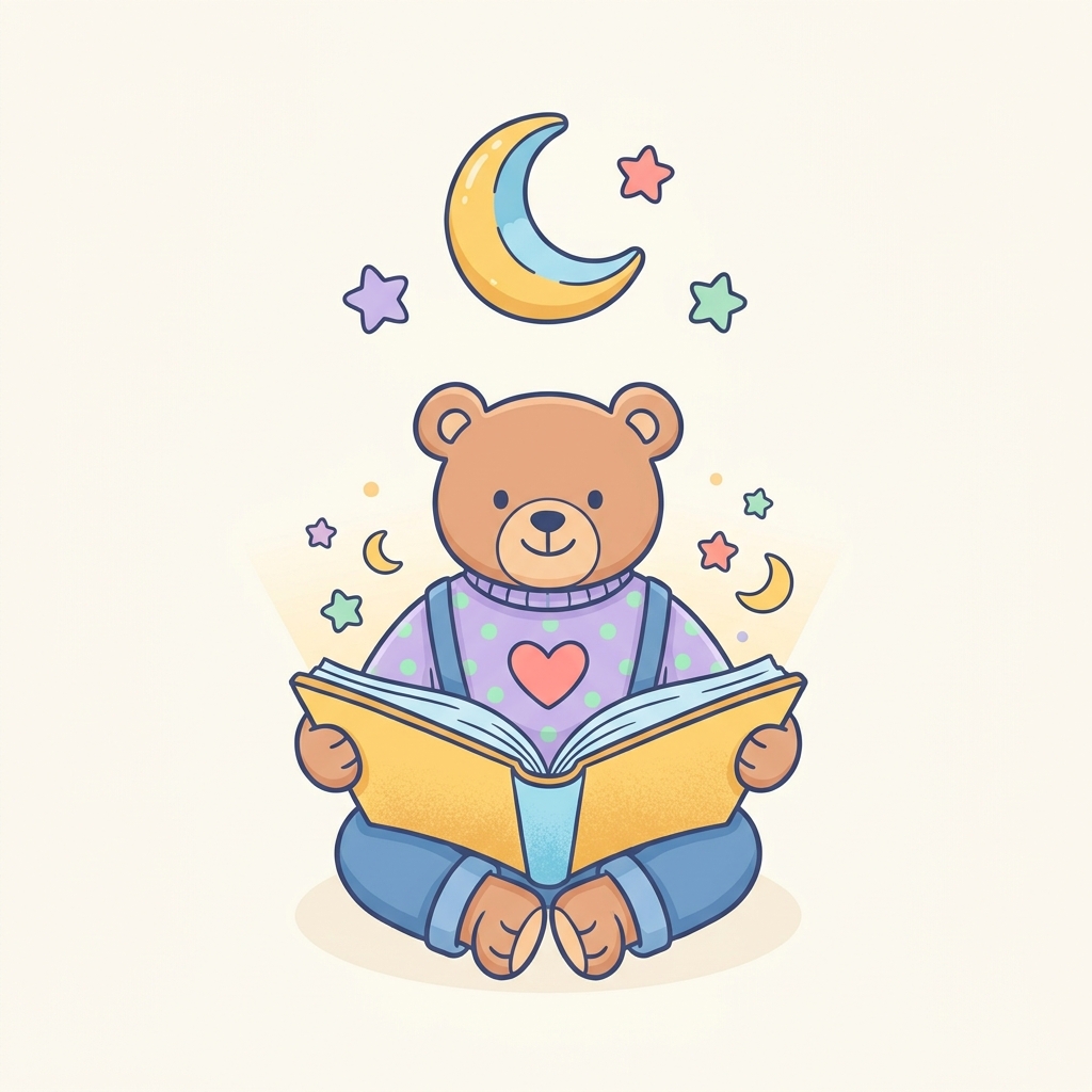 Illustration of a teddy bear reading a storybook under a crescent moon and stars
