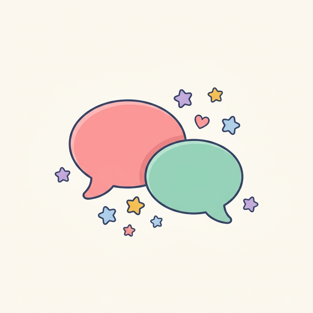 Illustration of two speech bubbles, one coral and one mint, with pastel stars, showing two languages